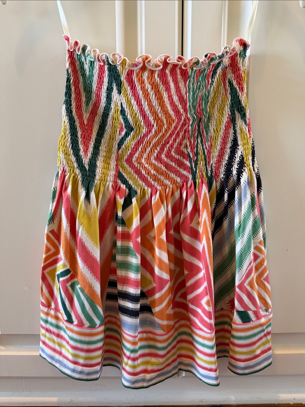Colorful Smocked Strapless BCBG Top Striped Geo Print